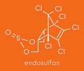 Endosulfan insecticide molecule. Banned in many countries due to toxicity. Skeletal formula.