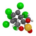 Endosulfan insecticide molecule, 3D rendering. Banned in many countries due to toxicity. Atoms are represented as spheres with