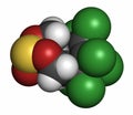 Endosulfan insecticide molecule, 3D rendering. Banned in many countries due to toxicity. Atoms are represented as spheres with