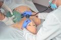 Endotracheal intubation. Practicing medical skills on a medical dummy.