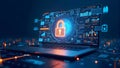 featuring a padlock symbol within a high-tech, Cybersecurity concept, digital