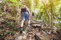 Endurance concept, group of hikers climbing up, trekking