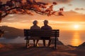 Enduring love a senior couple embraces the beauty of a sunset on a bench