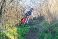 Enduro Cyclist Riding the Mountain Bike on the Rocky Trail. Royalty Free Stock Photo