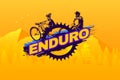 Enduro mountain biking logo template. Typography design with riders and bicycle chainring silhouette. Concept for shirt