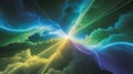 Abstract cosmic energy burst with glowing blue green and yellow lights Royalty Free Stock Photo