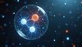 Energetic atom model with blue, orange particles. Nuclear reaction illustration. Digital futuristic molecule structure in Royalty Free Stock Photo
