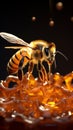 Energetic bee hovers over glass jar oozing golden honey nectar