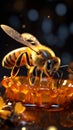 Energetic bee hovers over glass jar oozing golden honey nectar