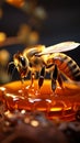 Energetic bee hovers over glass jar oozing golden honey nectar