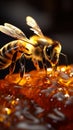 Energetic bee hovers over glass jar oozing golden honey nectar