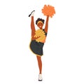 Energetic Black Cheerleader Girl Character In Vibrant Uniform Wields Pompoms With Flair. Spirited Smiles, High Kicks
