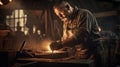 Energetic Blacksmith Forging Metal in Rustic Workshop