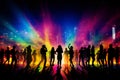 Energetic blurred bokeh with vibrant stage lights and silhouettes entertainment backdrop