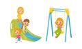 Energetic Boy and Girl Going Down Slide and Swinging in Playground Vector Set Royalty Free Stock Photo