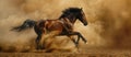 Energetic Brown Horse Galloping in Dusty Field