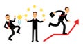 Energetic Businessman in Black Suit Juggling with Golden Coins and Running Up the Arrow Vector Illustration Set