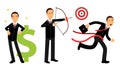 Energetic Businessman Shooting from Bow and Running Marathon Vector Illustration Set