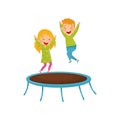 Energetic children jumping on trampoline. Joyful brother and sister having fun together. Flat vector design Royalty Free Stock Photo