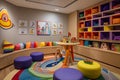 Energetic Children\'s Playroom: Vivid Furnishings, Innovative Storage, and Captivating Artwork