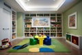 Energetic Children\'s Playroom: Vivid Furnishings, Innovative Storage, and Captivating Artwork