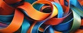 An energetic 3D scene featuring multicolored twisted ribbons in shades of orange, blue, and green.
