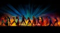 Energetic Dance Battle: Abstract Silhouettes on Reflective Dance Floor