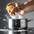 Energetic Dishwashing with Splashing Foam and Sponge Royalty Free Stock Photo