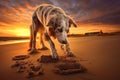 energetic dog digging sand at sunset Royalty Free Stock Photo