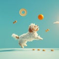 Energetic dog playing with toys and treats on a blue background Royalty Free Stock Photo