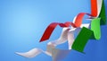 Energetic, dynamic design background. Red white and green ribbons waving over blue background. Abstract 3D render. Royalty Free Stock Photo