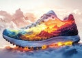 An energetic and dynamic image: a sneaker silhouette against the backdrop of a sunset, mountains, and forest, created using double Royalty Free Stock Photo