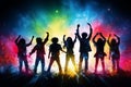 Energetic entertainment backdrop with blurred bokeh effect, vibrant stage lights, and silhouettes