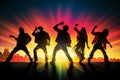 Energetic entertainment backdrop with blurred bokeh, vibrant stage lights, and silhouettes