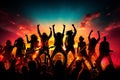 Energetic entertainment backdrop with blurred bokeh, vibrant stage lights, and silhouettes