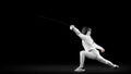 Energetic female fencer in white fencing costume and mask in action, motion isolated on dark background. Sport, youth