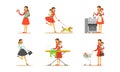 Energetic Female Housewife Holding Baby in Arms Cooking, Ironing and Shopping Vector Set