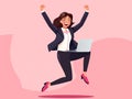 Energetic Female Teacher Jumping with Joy, Holding Laptop Flat illustration Style Royalty Free Stock Photo