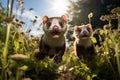 Energetic Ferrets Frolicking in Sunlit Backyard