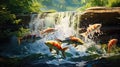 Energetic fish breaking through water obstacles to the waterfall