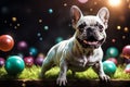 Energetic Frenchie happily engaging with colorful balls Royalty Free Stock Photo