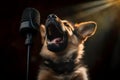 Energetic German Shepard puppy performing into a microphone. AI-generated.