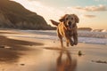 Energetic golden retriever running across a sandy beach to fetch the ball. Ai-generated.