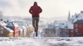 Energetic happy man jogging in a snowy city on a sunny winter day. View over a nice residential area. Generative AI