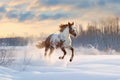 energetic horse galloping in snow-covered field