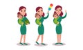 Energetic Housewife Holding Baby in Arms Carrying Watermelon and Dusting Vector Illustration Set