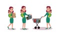 Energetic Housewife Holding Baby in Arms Pulling Cart and Doing Shopping Vector Illustration Set