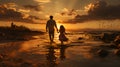 energetic image capturing son, daughter running ahead of parents on beach at sunset. They hold hands, hair flowing in wind as they Royalty Free Stock Photo