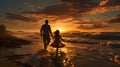 energetic image capturing son, daughter running ahead of parents on beach at sunset. They hold hands, hair flowing in wind as they Royalty Free Stock Photo