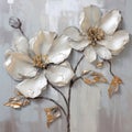 Energetic Impasto: White And Gold Floral Accents On Metallic Gray Background
